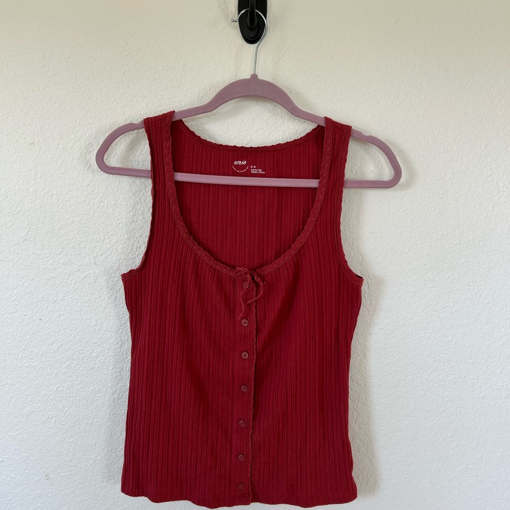 Aerie Red Ribbed Button-Down Tank Top